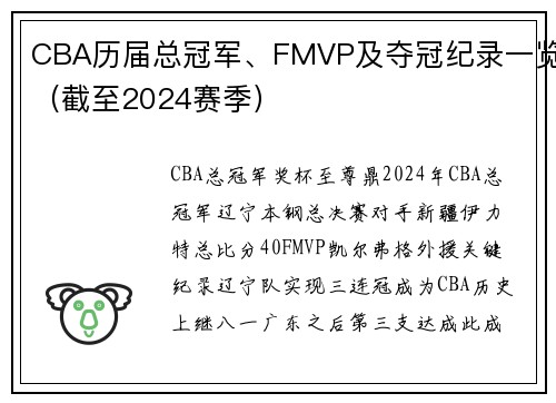 CBA历届总冠军、FMVP及夺冠纪录一览（截至2024赛季）